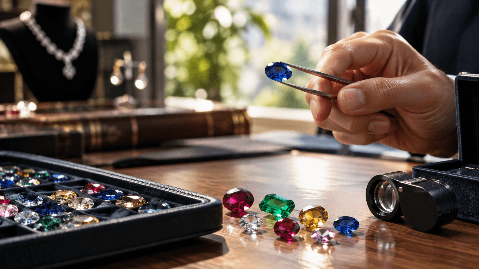 A seller inspecting a sapphire with tweezers beside a tray of gemstones